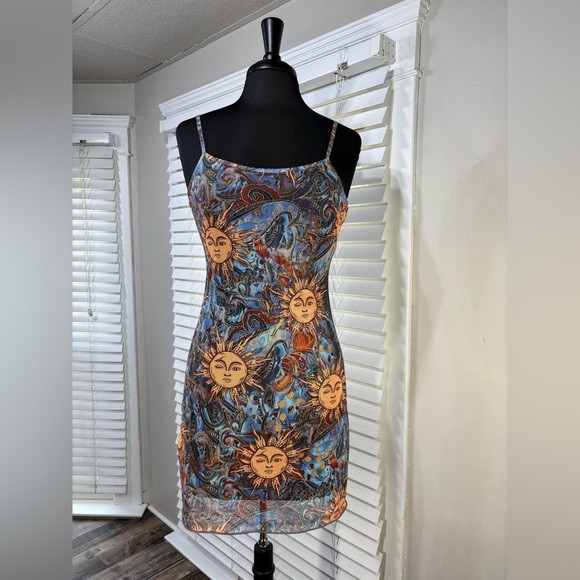 Sun Dress Womens Small Adjustable Spaghetti Straps Sun Face Y2K Style Festival - Picture 4 of 9